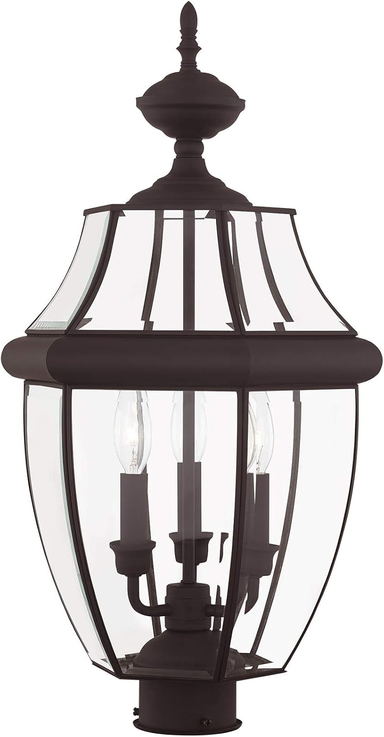 Livex Lighting 2354-07 Monterey 3 Light Outdoor Bronze Finish Solid Brass Post Head with Clear Beveled Glass