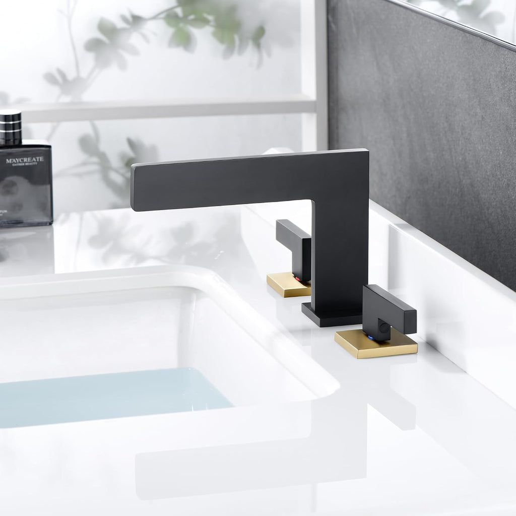 Sumerain Widespread 8 inch Bathroom Faucet, Black and Gold Bathroom Sink Faucet, 3 Hole 2 Knob Handle Waterfall Bathroom Faucet