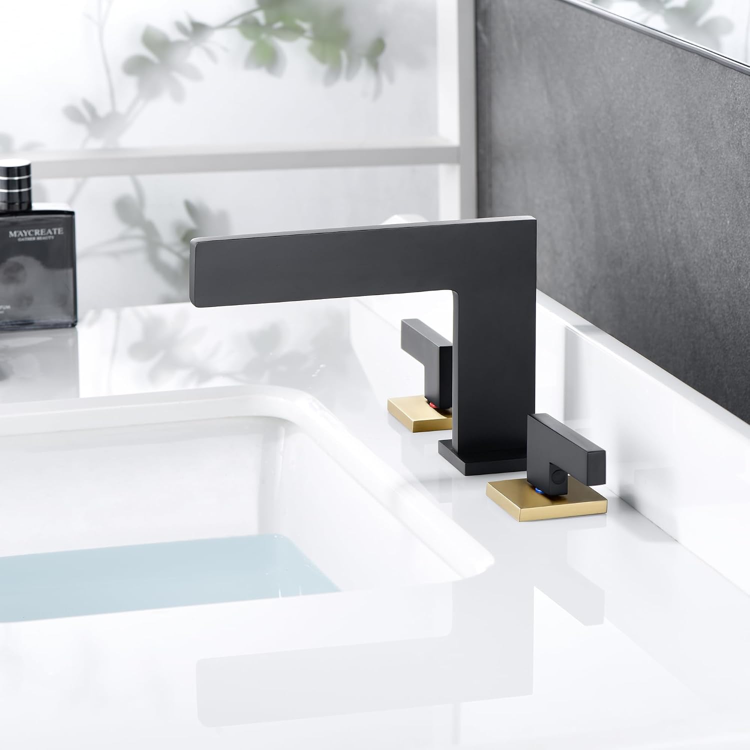 Sumerain Widespread 8 inch Bathroom Faucet, Black and Gold Bathroom Sink Faucet, 3 Hole 2 Knob Handle Waterfall Bathroom Faucet