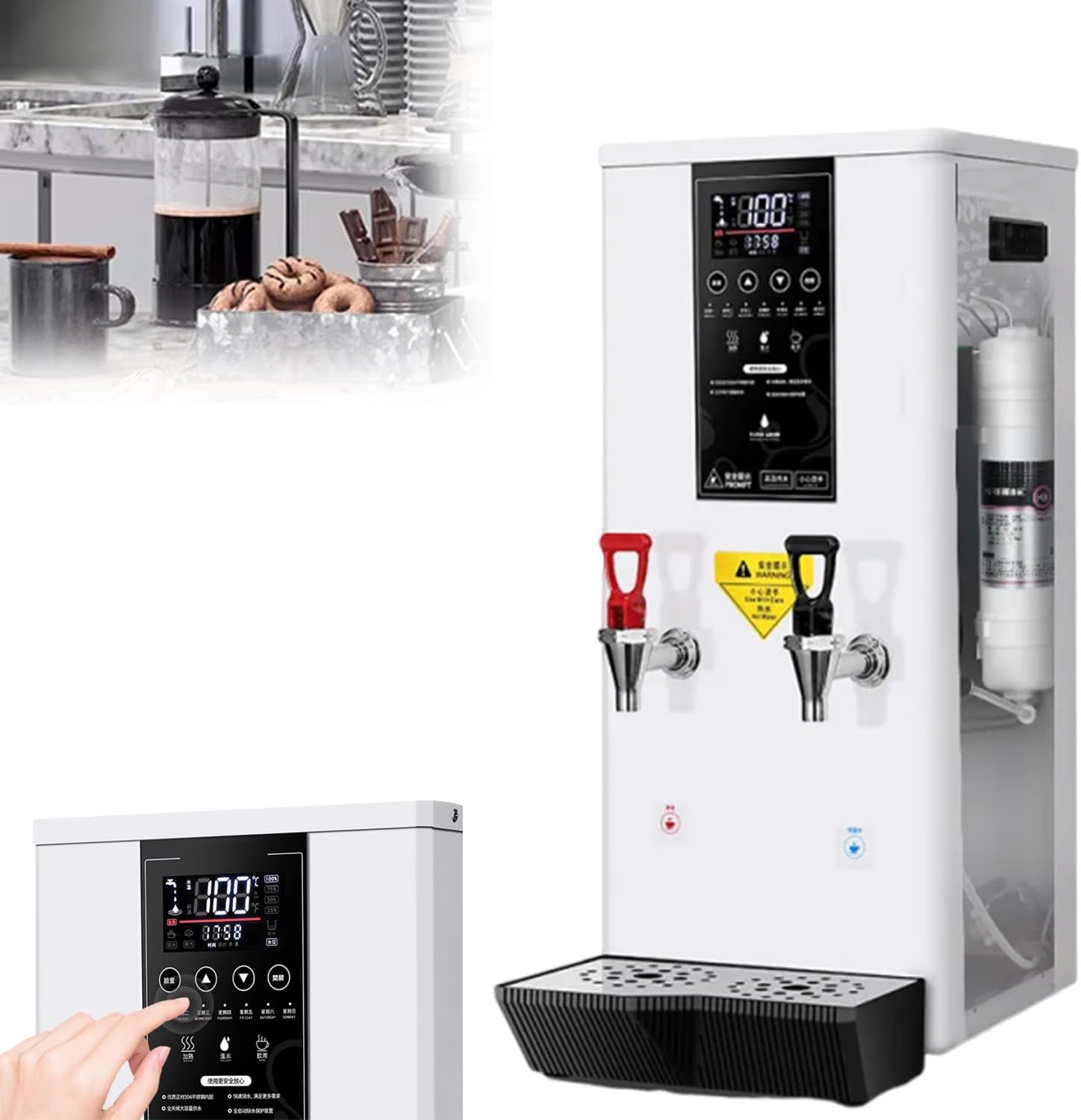 Stainless Steel Countertop Hot Water Dispenser, 45l Capacity, with LCD Display, Adjustable Time and Temperature, Automatic Water Supply, Suitable for Offices, Shops, Etc.,White-220V
