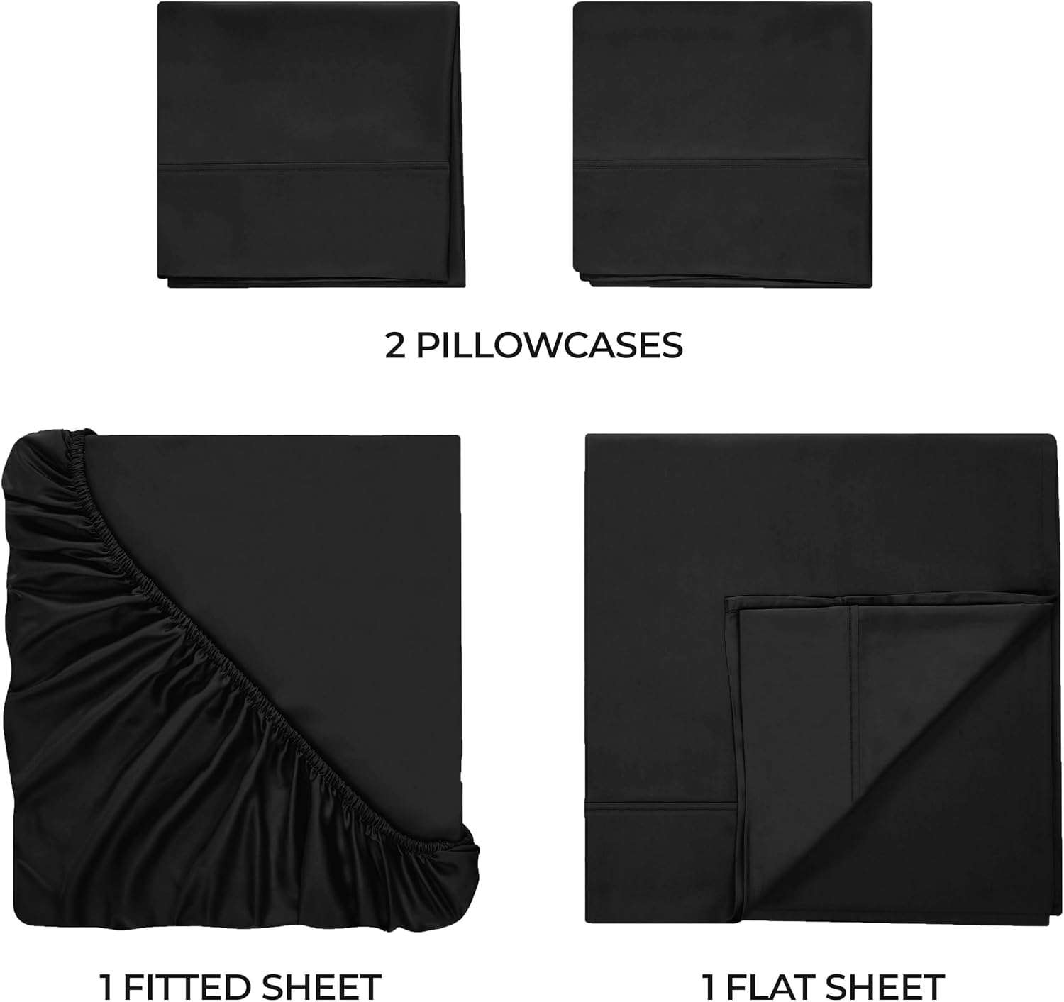 Superior Egyptian Cotton 400 Thread Count Bed Sheet Set, 1 Elastic Deep Pocket Fitted Sheet, 1 Flat Sheet, 2 Pillowcases, Soft Bedding, Luxury Sheets, Sateen Weave, Full Size, Black