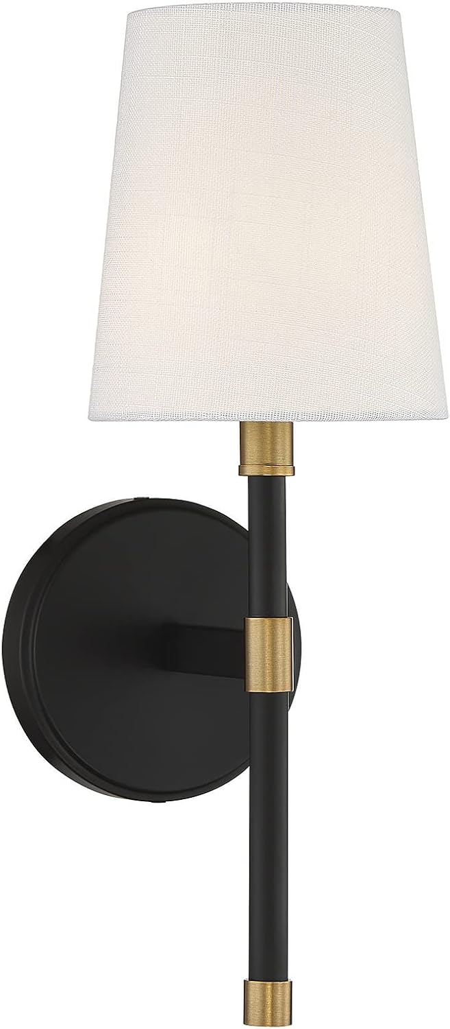 Savoy Essentials 9-1632-1-143 Brody Traditional White Fabric Wall Sconce, 1-Light 60 Watt, 16' H x 6' W, Matte Black with Warm Brass Accents