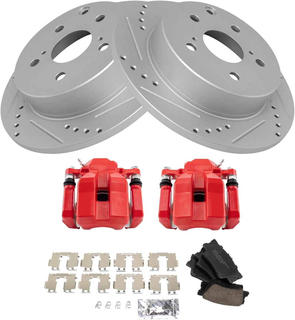TRQ Performance Rear Brake Pad and Rotor Set Ceramic Coated Drilled Slotted Vented Rotors Calipers Red Compatible with 2006-2011 Toyota RAV4