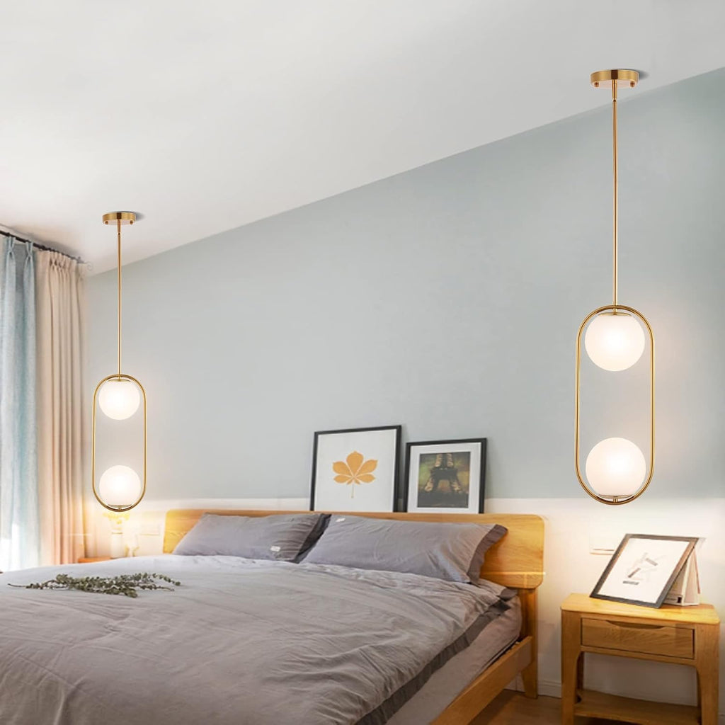 BYOLIIMA Modern Gold Globe Chandelier 2-Lights Mid Century Pendant Light Brushed Brass Ceiling Hanging Lighting Fixture with White Globe Glass Lampshade for Kitchen Island Dining Room Bedroom