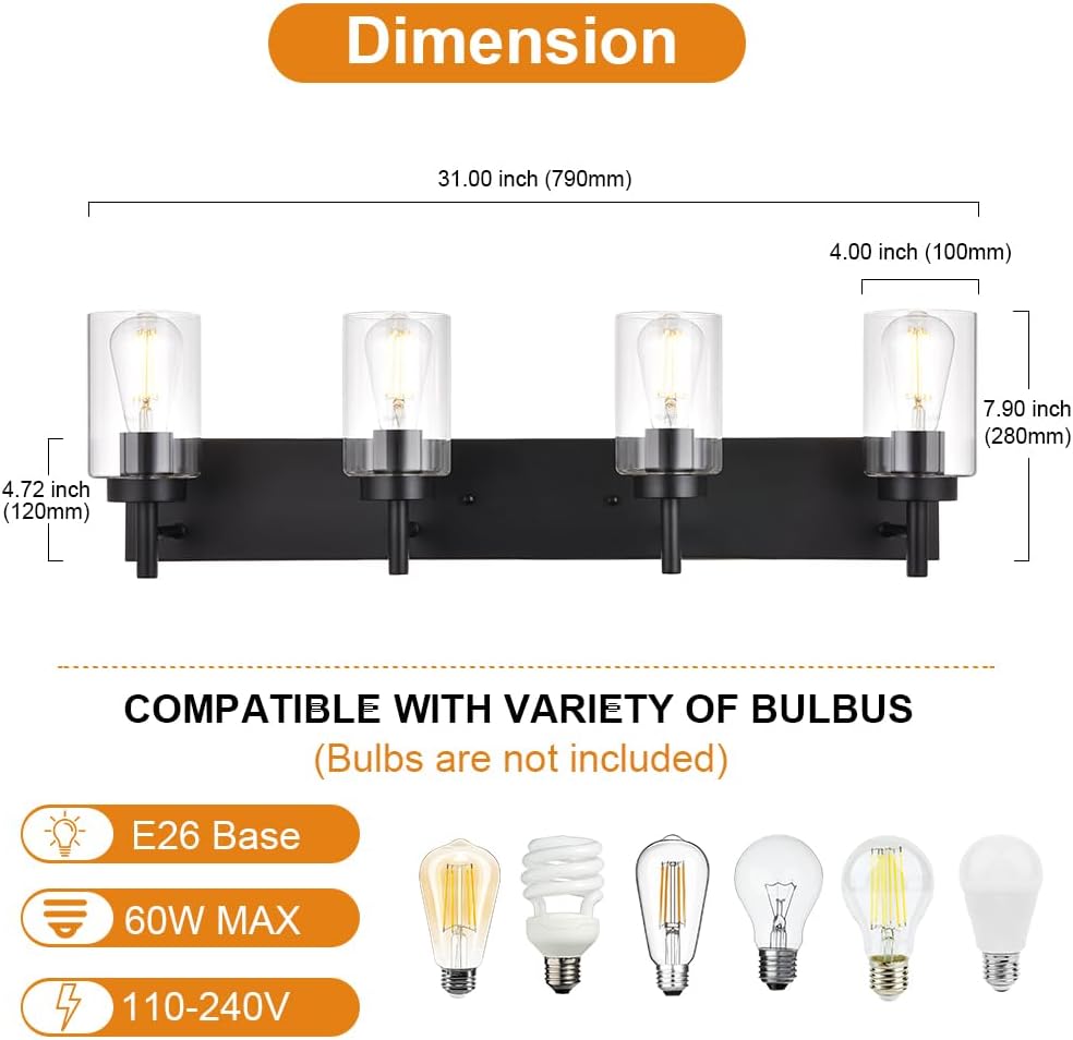 4 Lights Bathroom Vanity Light Fixture Black Sconces Wall Lighting with Clear Glass Shade Modern Industrial Indoor Wall Mounted Lamp, Farmhouse Lighting for Kitchen (Patent No.: US D958,438 S)