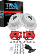TRQ Performance Rear Brake Pad and Rotor Set Ceramic Coated Drilled Slotted Vented Rotors Calipers Red Compatible with 2002-2006 Nissan Altima 2004-2006 Maxima 2013-2022 Altima