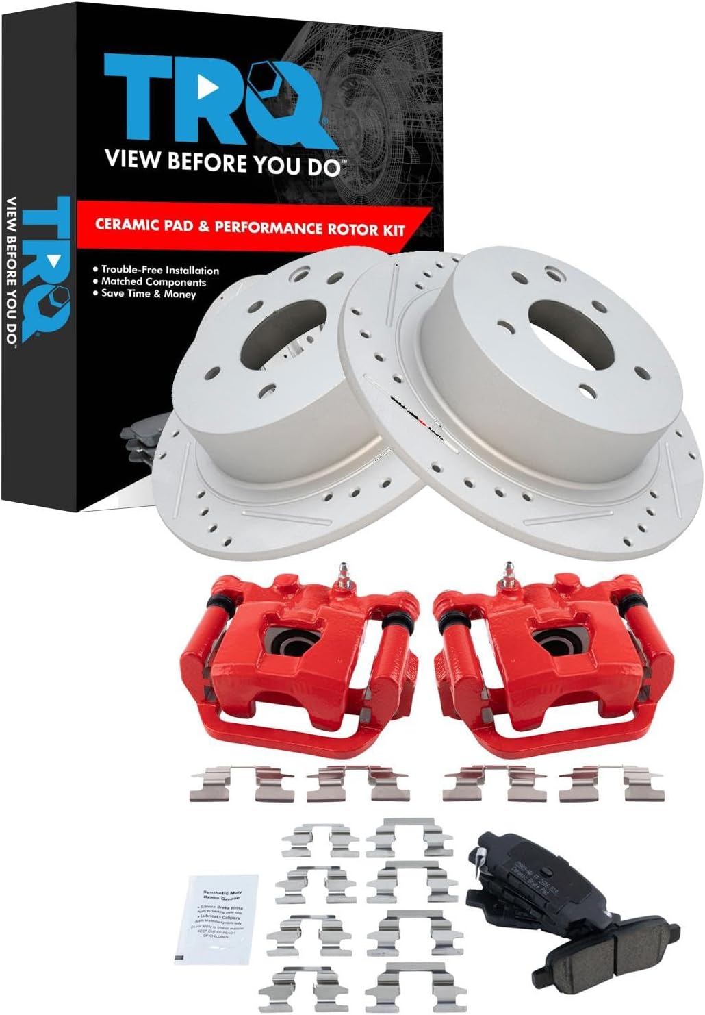 TRQ Performance Rear Brake Pad and Rotor Set Ceramic Coated Drilled Slotted Vented Rotors Calipers Red Compatible with 2002-2006 Nissan Altima 2004-2006 Maxima 2013-2022 Altima