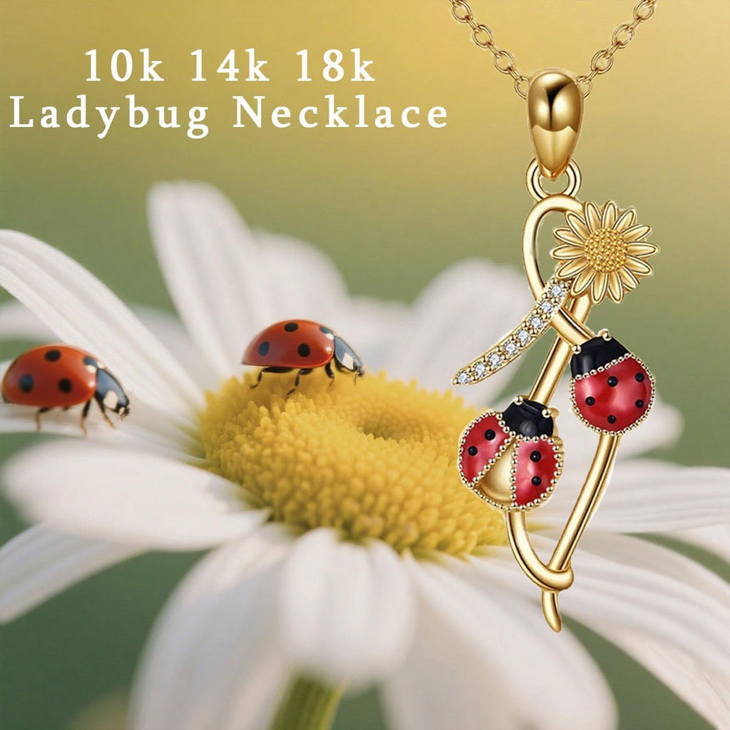 Personalized Ladybug Necklace 10k 14k 18K Solid Gold Customized Lady Bug Necklaces Bug Pendant Personalized Custom Ladybugs Daisy Jewelry Gifts for Women Female Mother