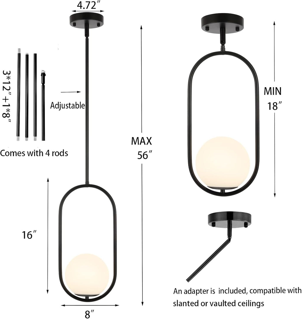 BYOLIIMA Modern Globe Pendant Light Mid Century Chandelier 1-Light Matte Black Ceiling Hanging Lighting Fixture with White Globe Glass Lampshade for Kitchen Island Dining Room Bedroom (2 Pack)