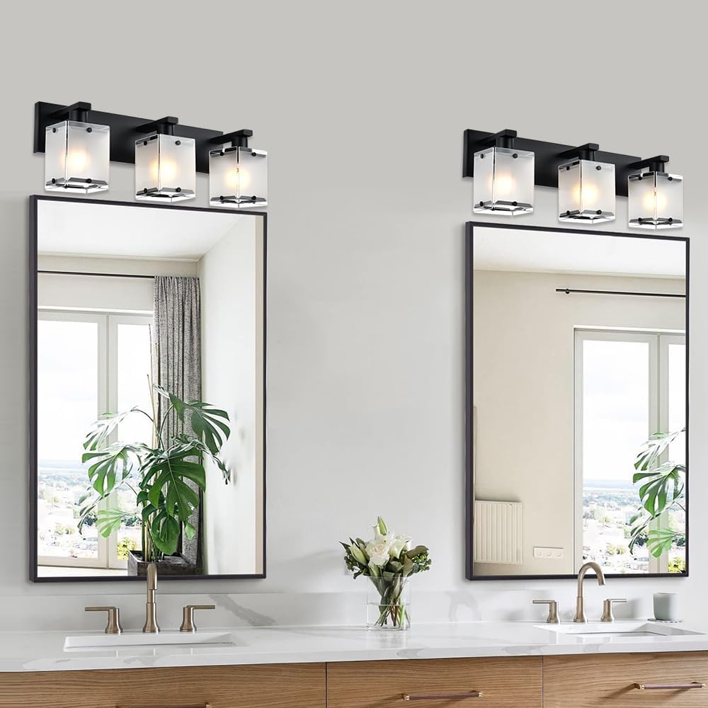3-Lights Bathroom Light Fixture Over Mirror, Modern Black Wall Sconce Vanity Lighting Fixtures with Rectangular Frosted Glass Shade for Bathroom Kitchen Bedroom, E26 Bulb Base