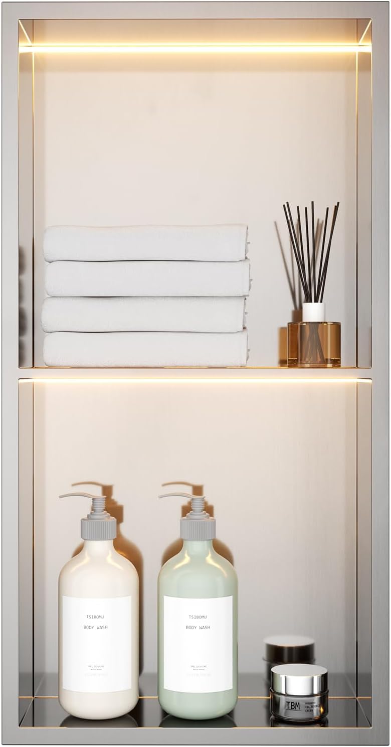 Stainless Steel LED Lights Shower Niche 12'x24' - No Tile Needed Double Shelves Recessed Wall Niche for Bathroom Storage, Brushed