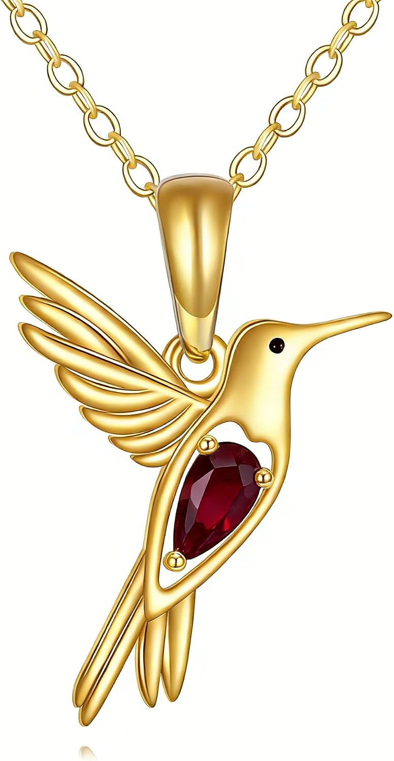 DOVRAN Real Solid Gold Birthstone Butterfly/Dragonfly/Bee/Hummingbird Necklace for Women Yellow Gold Animal Pendant for Christmas Dainty Jewelry Birthday Gifts for Mom Wife