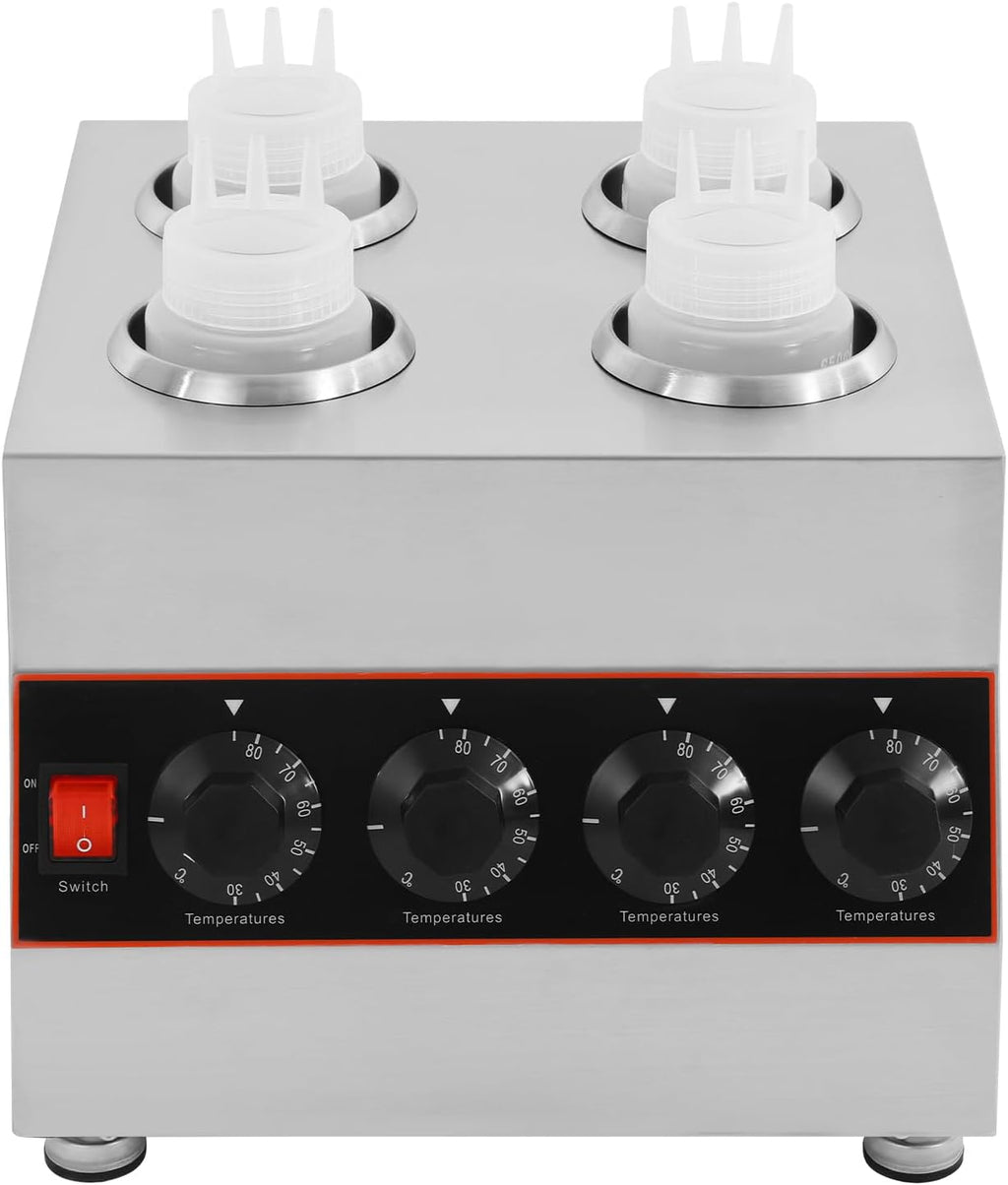 Electric Sauce Warmer Dispenser, 4 Grids Countertop Stainless Steel Sauce Heat Preservation Machine Hot Fudge Bottle Warmer Nacho Cheese Warmer Dispenser 86-185 ℉ 640W