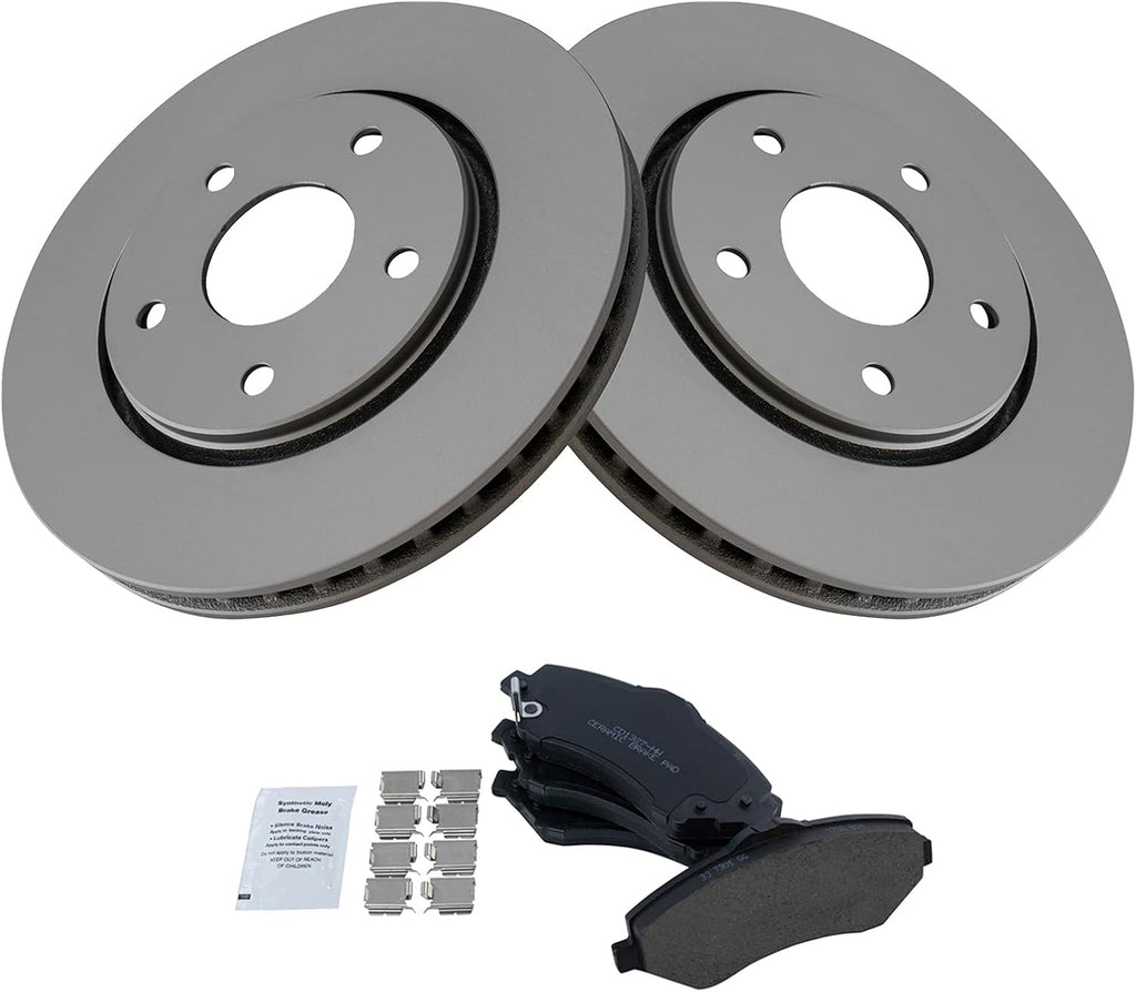 TRQ Front Brake Pad & Rotor Set Ceramic G Coated Vented Rotors Compatible with 2008-2016 Chrysler Town & Country Dodge Grand Caravan 2009-2014 Volkswagen Routan 2009-2013 Journey 2012-2015 Ram C/V