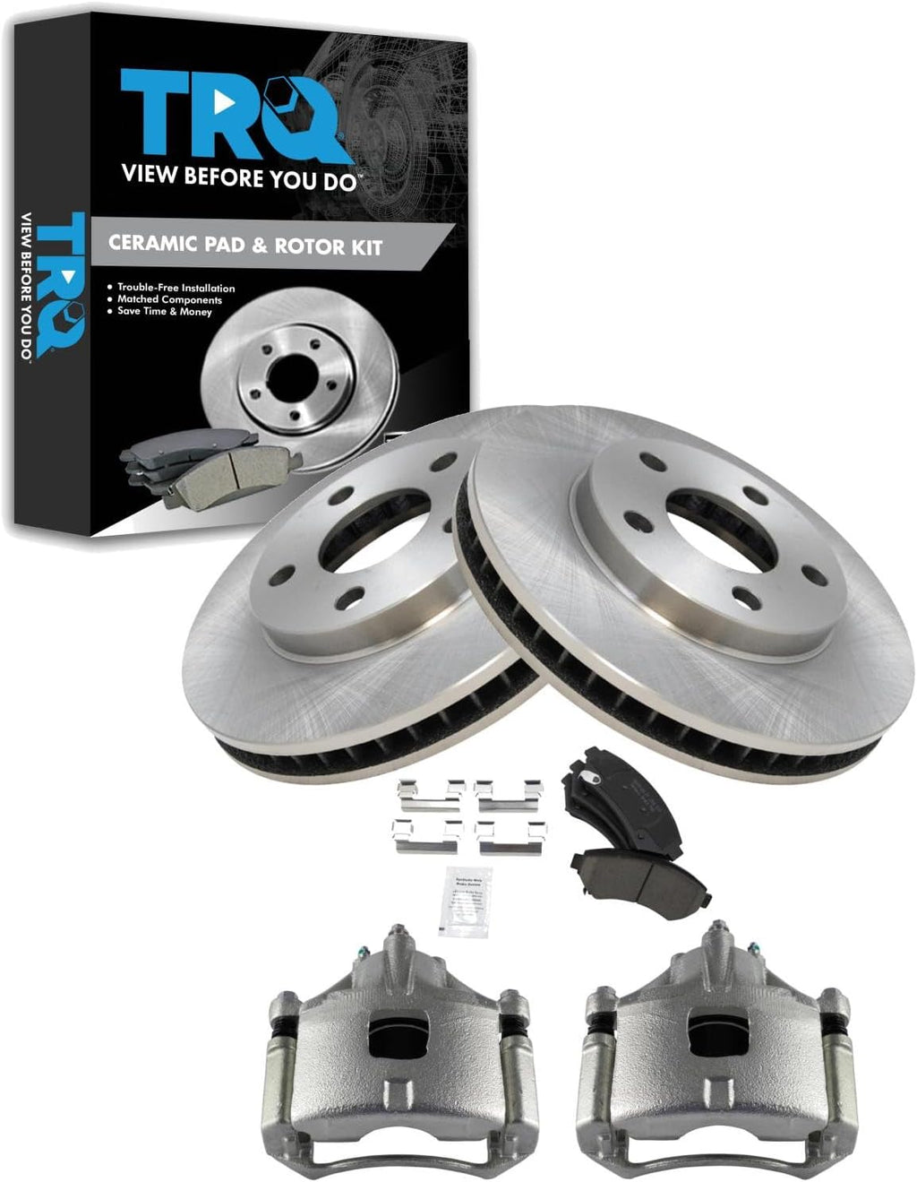 TRQ Front Brake Pad and Rotor Set Ceramic Vented Rotors Calipers Compatible with 2000-2003 Pontiac Bonneville