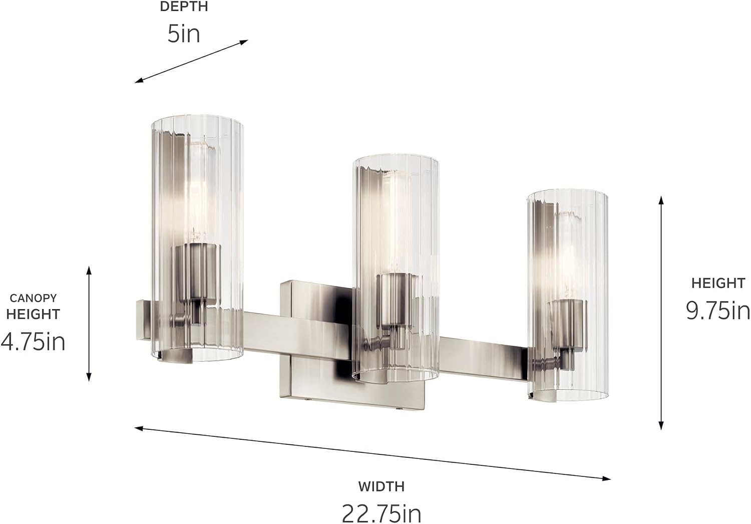 Kichler Jemsa 3-Light Bathroom Vanity Light Fixture, Modern Wall Mount with Clear Fluted Glass in Brushed Nickel for Powder Room or Mirror (9.75' x 22.75'), 55168NI