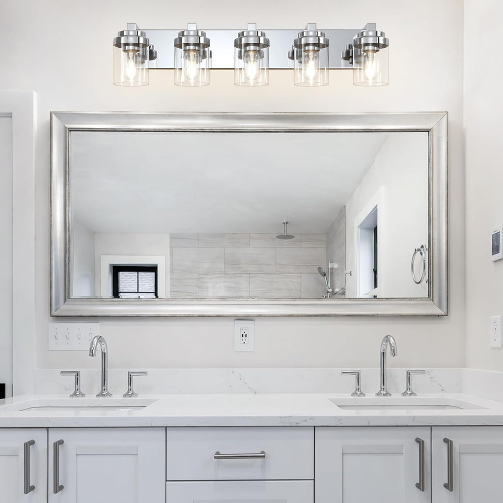 Bathroom Light Fixtures, 5-Light Bathroom Vanity Lights Over Mirror, Polished Chrome Vanity Lights with Glass Shade, 31' Modern Wall Sconce for Cabinet Porch Bedroom, Hallway E26