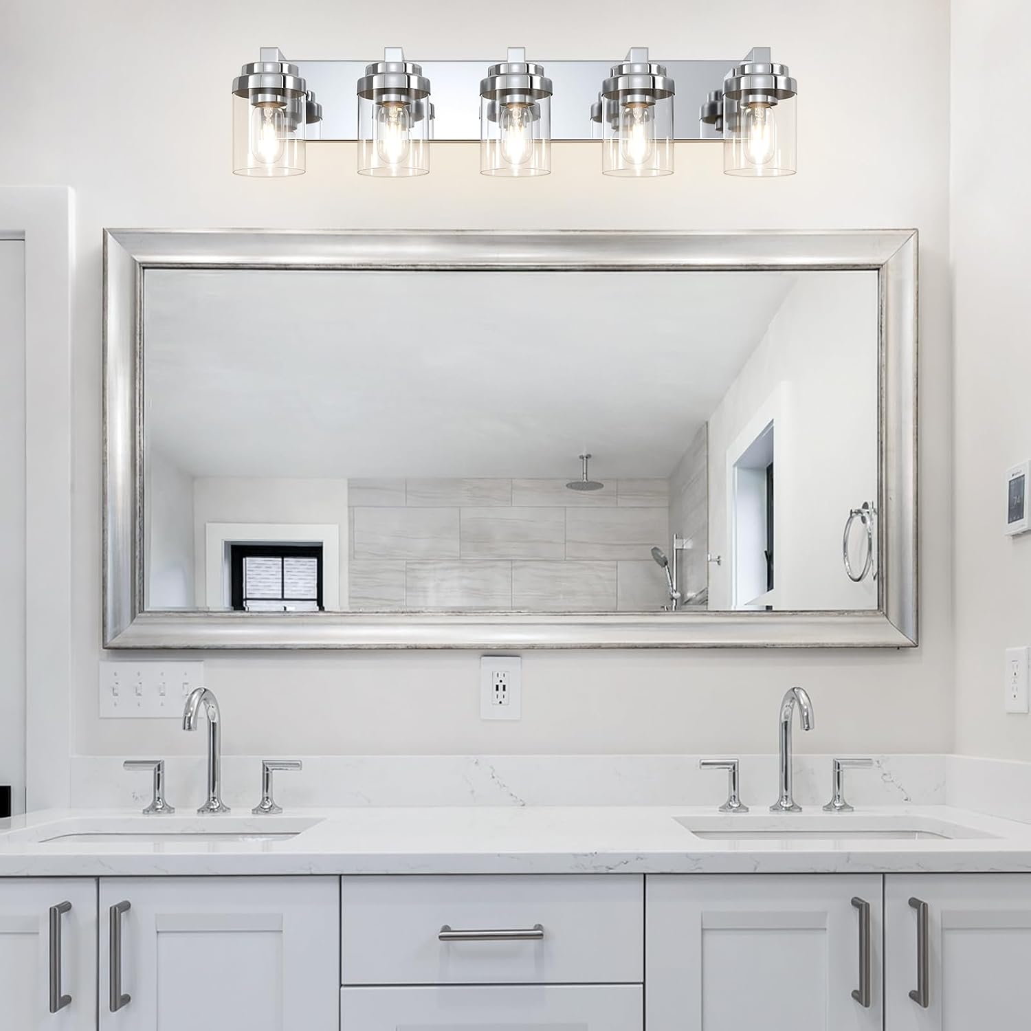 Bathroom Light Fixtures, 5-Light Bathroom Vanity Lights Over Mirror, Polished Chrome Vanity Lights with Glass Shade, 31' Modern Wall Sconce for Cabinet Porch Bedroom, Hallway E26