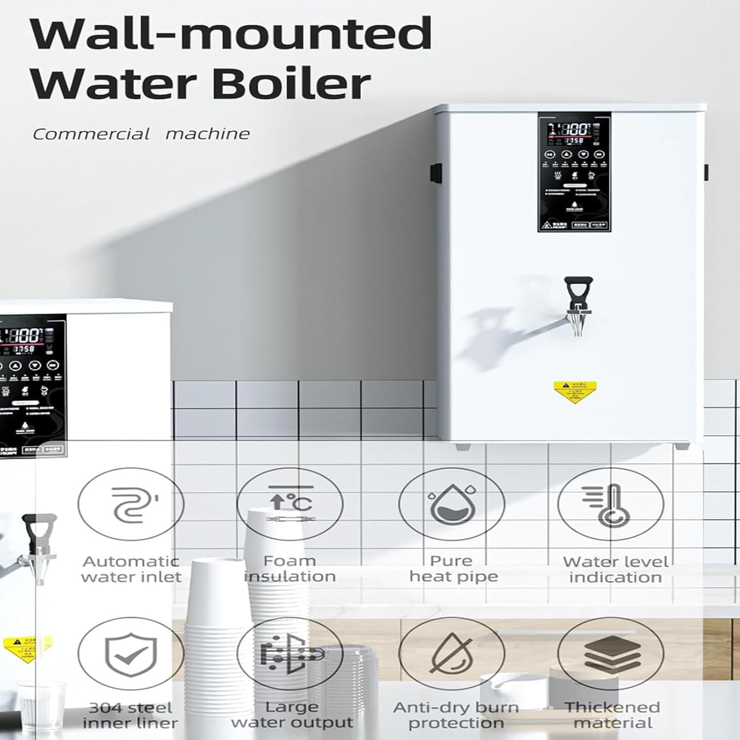 Energy-Saving Wall-Mounted Instant Hot Water Dispenser Automatic Boiler with Precise Temperature Control 104°F-212°F,Large Capacity for Offices,Canteens,Cafes White-60L