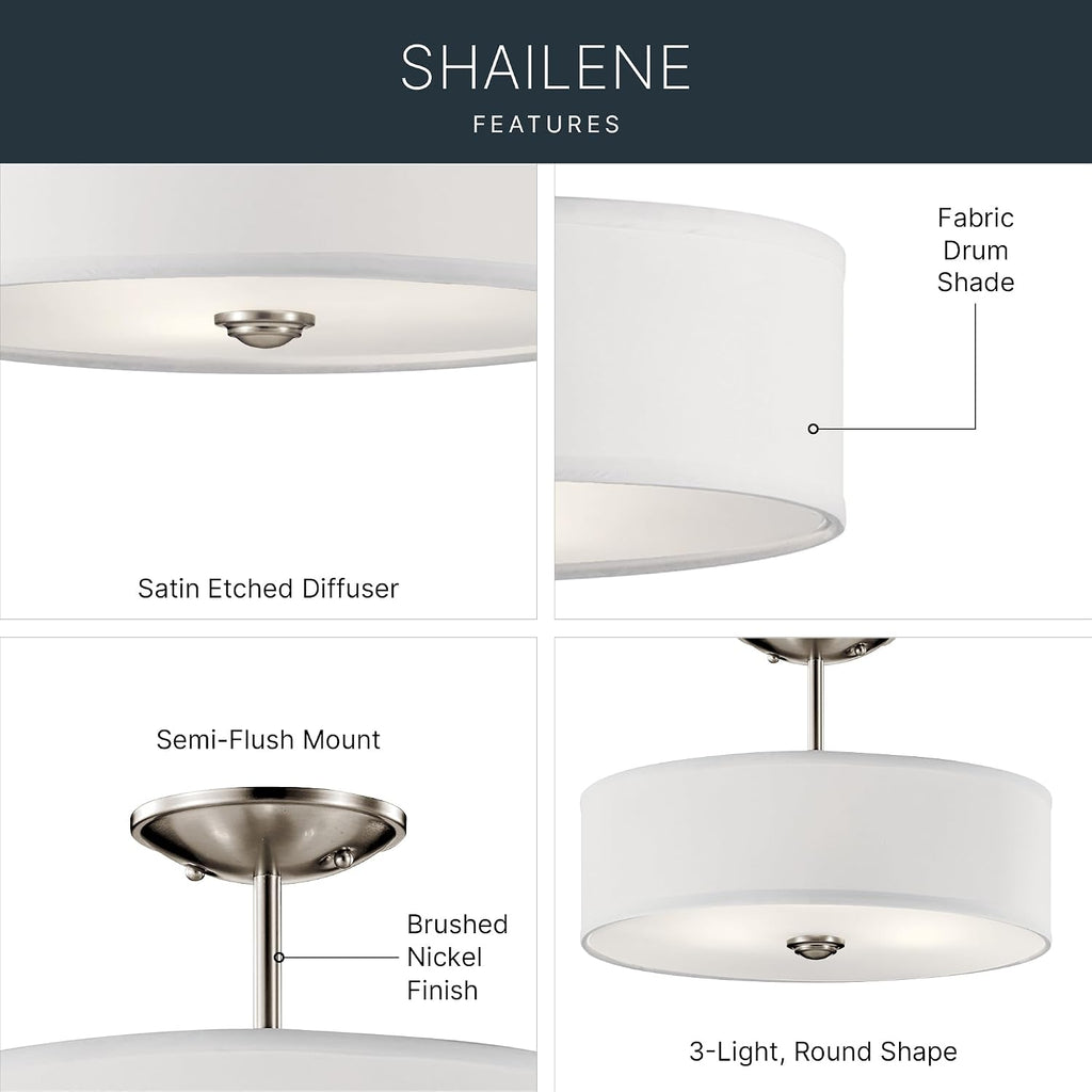 Kichler Shailene 14' 3-Light Semi Flush Mount Ceiling Light Fixture with Satin Etched White Diffuser and White Microfiber Shade in Brushed Nickel for Bathroom or Bedroom, 43675NI