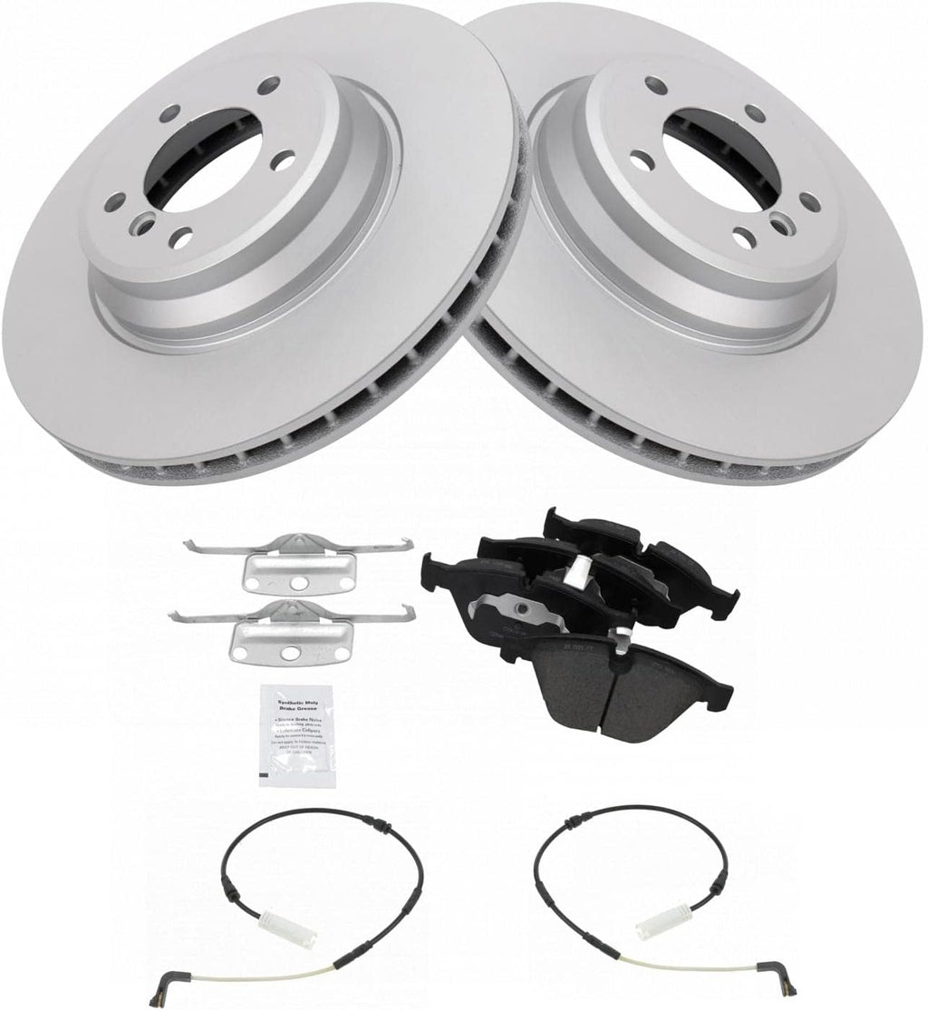 TRQ Front Brake Pad and Rotor Set Ceramic G Coated Vented Rotors Wear Sensor Compatible with 2007-2010 BMW 335i 2009-2010 335d 2010-2013 335i xDrive