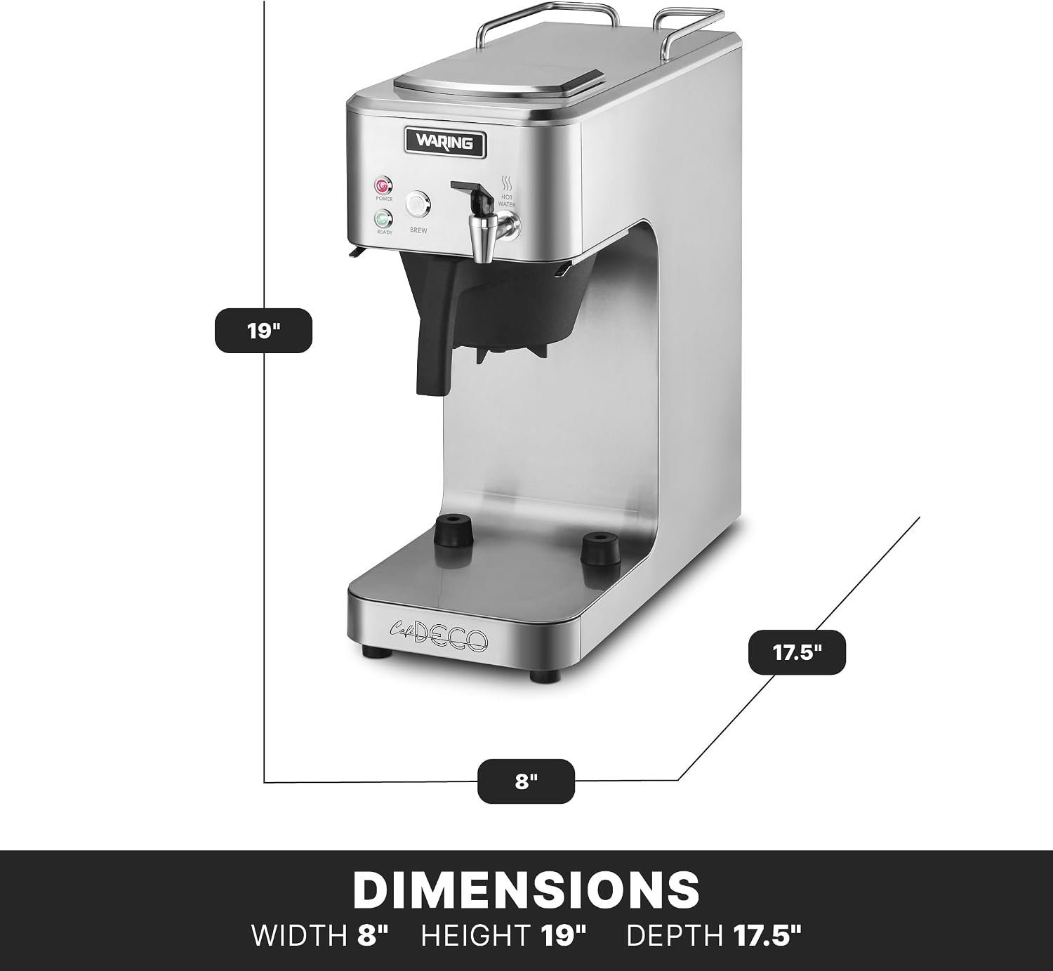 Waring Commercial Café Deco Thermal Coffee Brewer, 3.9 Gallons per Hour, Fits Large 64 oz Thermal Carafes, Stainless Steel, Front Mounted Faucet, NSF Certified, WCM60PT