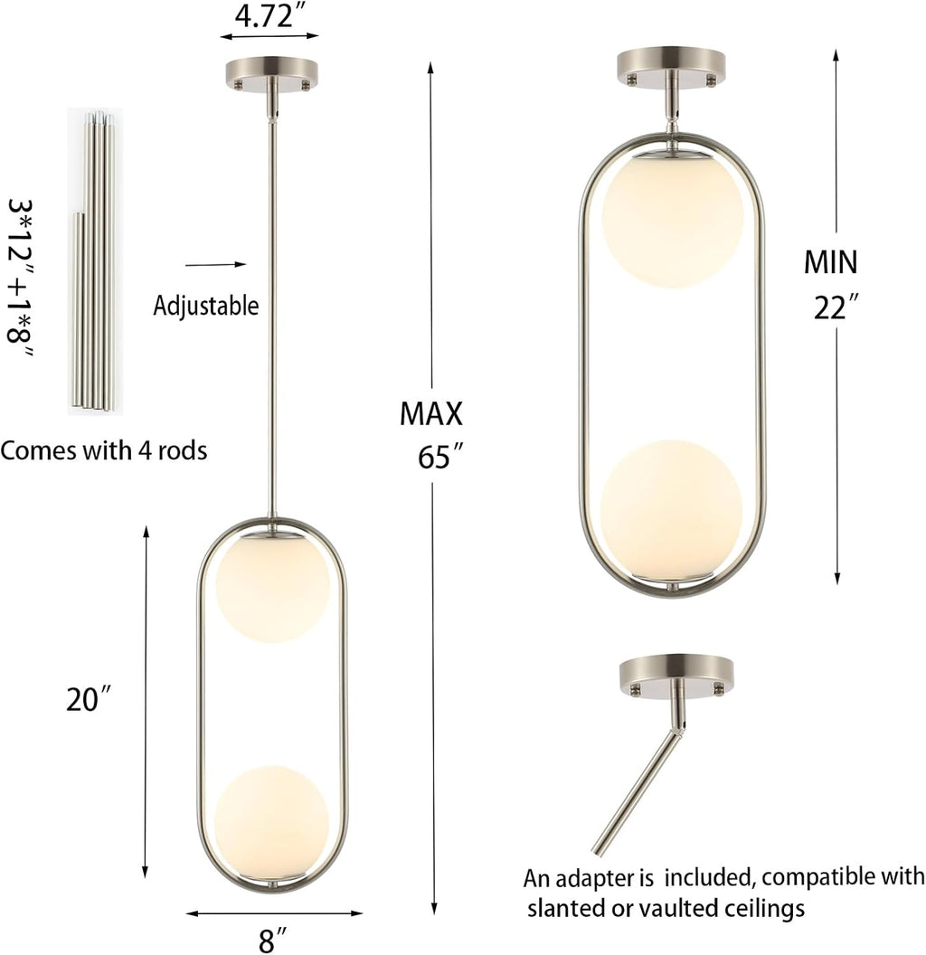 BYOLIIMA Modern Globe Pendant Light 2-Lights Brushed Nickel Chandelier Mid Century Ceiling Hanging Lighting Fixture White Globe Glass Shades for Kitchen Island Dining Room Bedroom