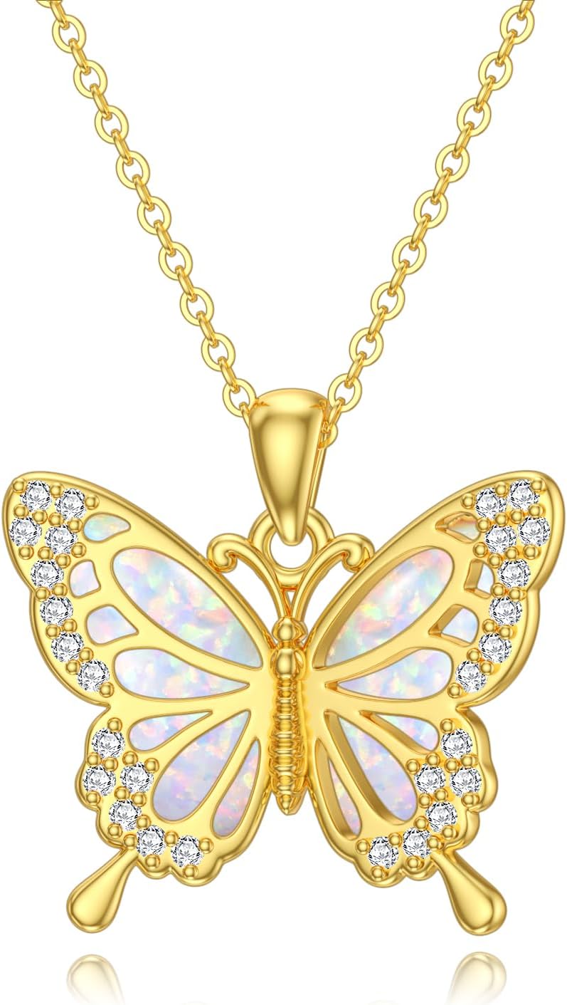 DOVRAN Real Solid Gold Birthstone Butterfly/Dragonfly/Bee/Hummingbird Necklace for Women Yellow Gold Animal Pendant for Christmas Dainty Jewelry Birthday Gifts for Mom Wife