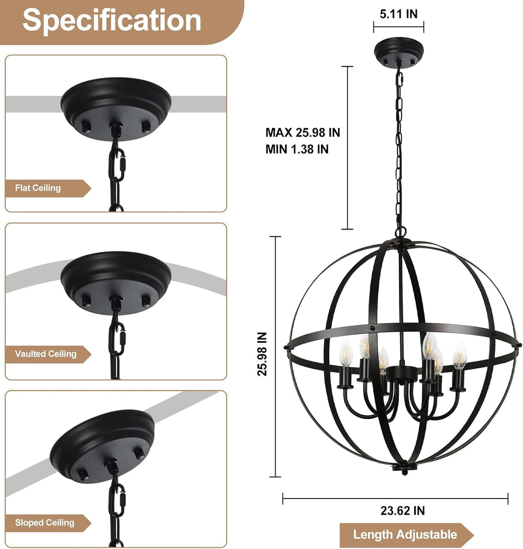 DLLT 6-Light Orb Chandelier, Black Globe Pendant Light Fixtures, Industrial Sphere Pendant Lighting Over Island, Adjustable Hanging Light with Metal Cage for Dining Room, Foyer, E12 Bulbs Not Included