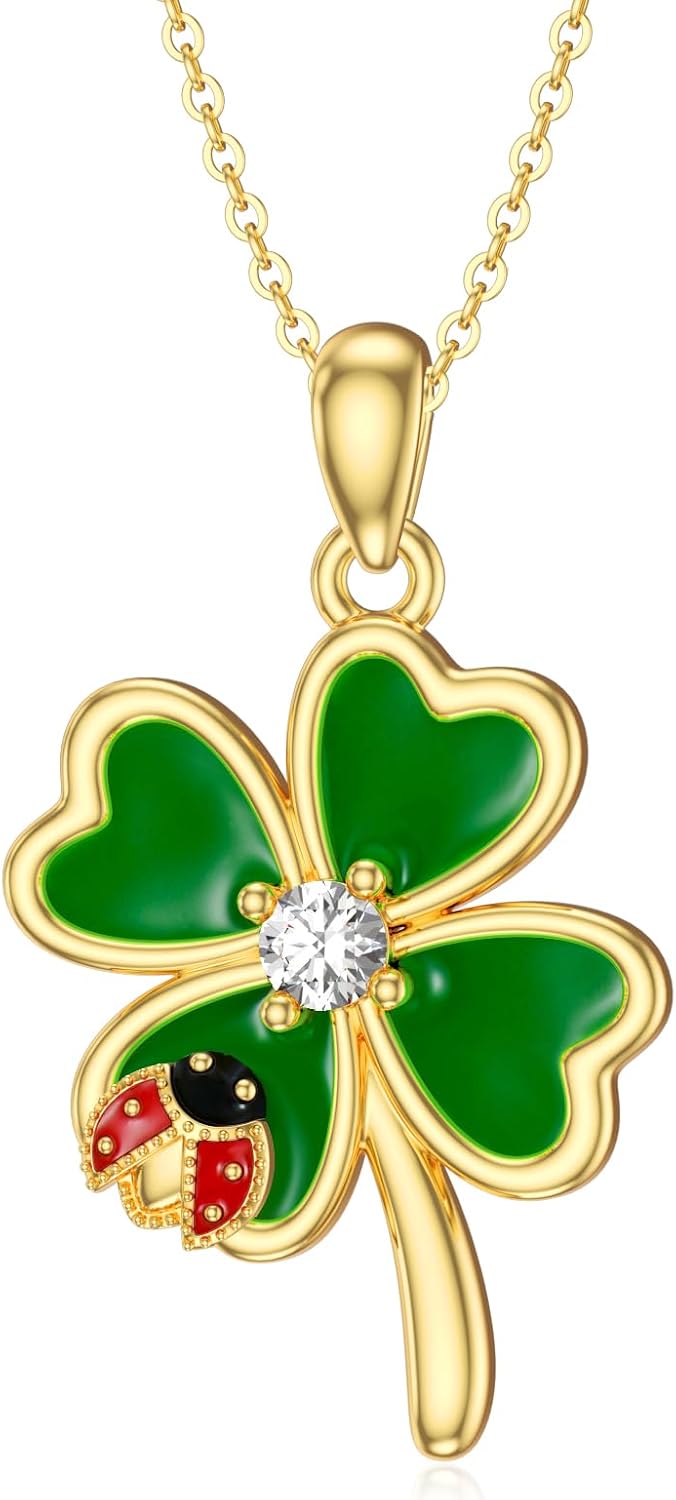 Aihpos Four Leaf Clover Necklace for Women 14K Solid Gold Green Lucky 4 Leaf Clover Necklace Ladybug Necklace