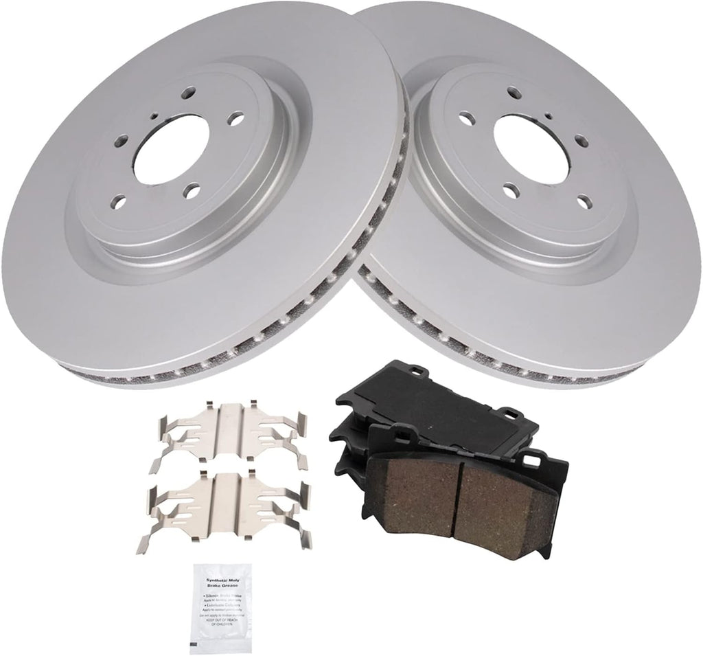 TRQ Front Brake Pad and Rotor Set Ceramic Coated Vented Rotors Compatible with 2008-2013 Infiniti G37 2014-2019 Q50 Q70 2009-2013 FX50 2011-2013 M37 M56 2014 QX70 2014-2015 Q60 2009-2020 Nissan 370Z