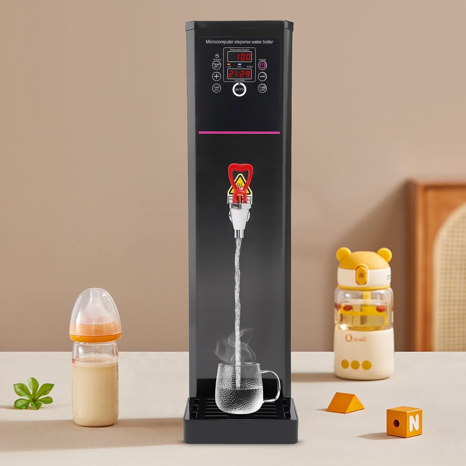Commercial Electric Hot Water Dispenser, 1500W Stainless Steel Hot Water Machine w/Removable Drip Tray & Handle,11.89Gal/H Water Boiler Step-Heating 86°F - 212°F Adjustable (Black)