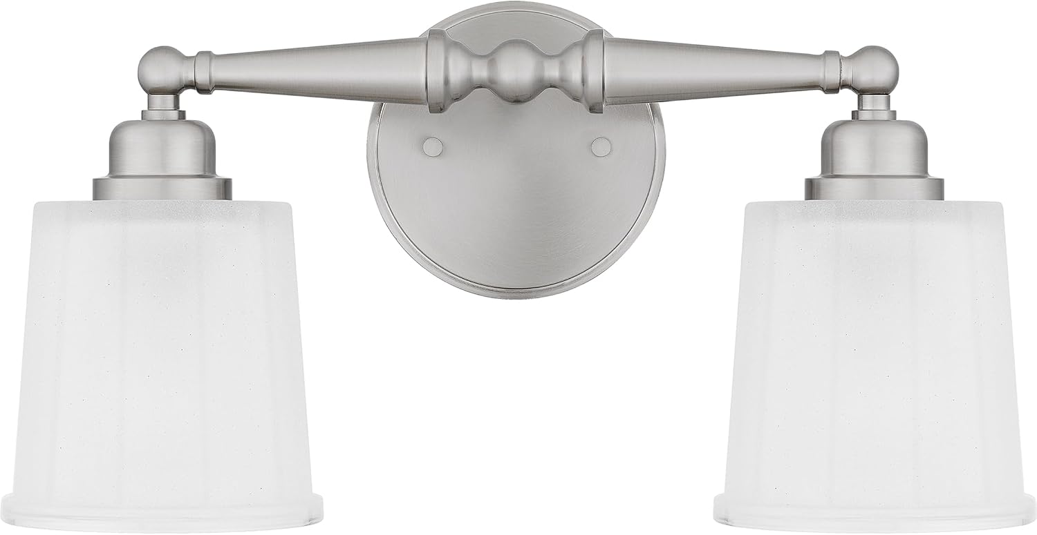 Quoizel Cecilia Bath Vanity Lights,16 Inch 2-Light Brushed Nickel Bathroom Lighting Fixtures Over Mirror, Sandblasted Ribbed Glass Shades, Wall Mount Light for Bathrooms