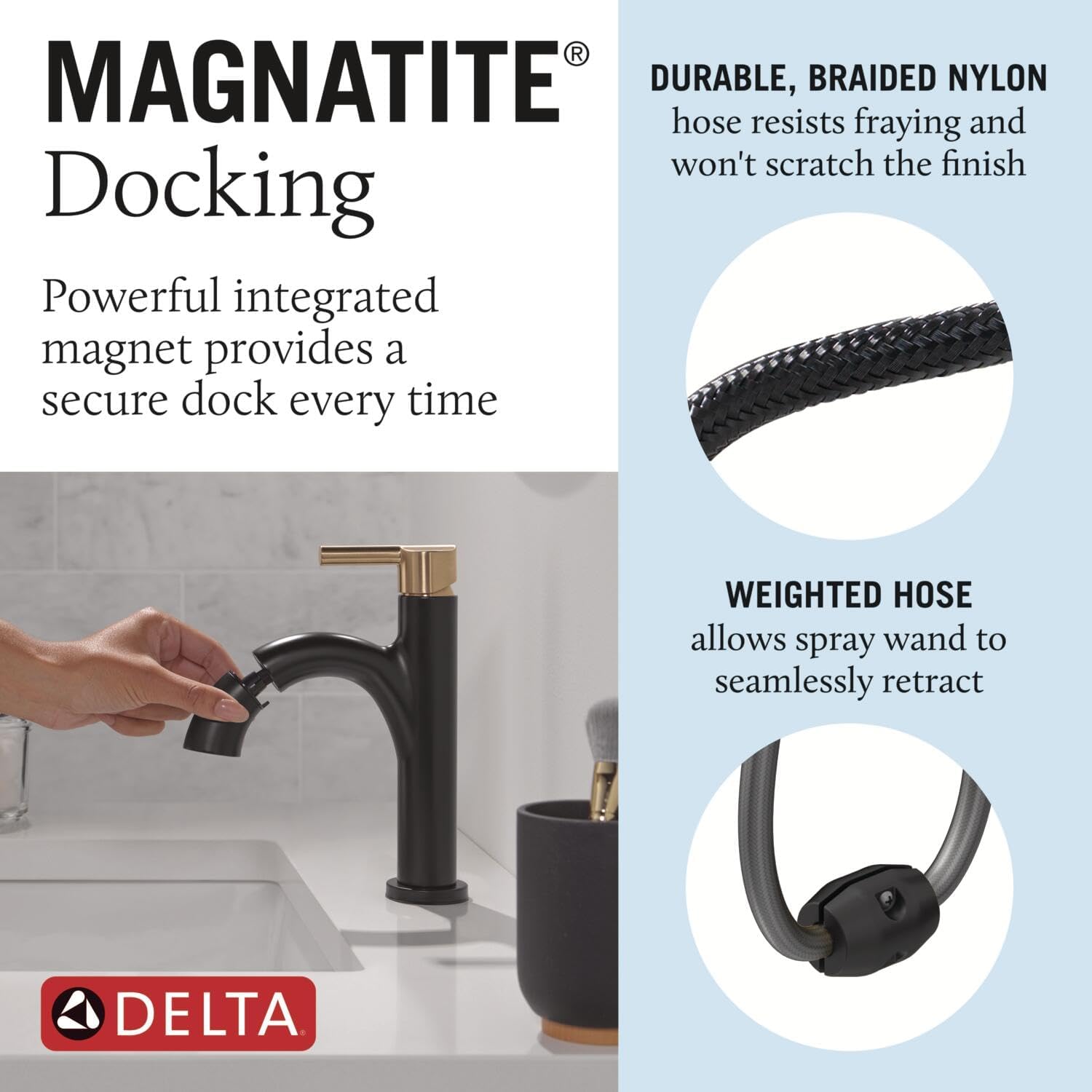 Delta Nicoli 1 Hole Matte Black/Brushed Gold Bathroom Faucet with Sprayer, Single Hole Bathroom Sink Faucet with Pull Out Sprayer for Vanity, Push-Pop Drain, Matte Black/Champagne Bronze 15749LF-GZPD