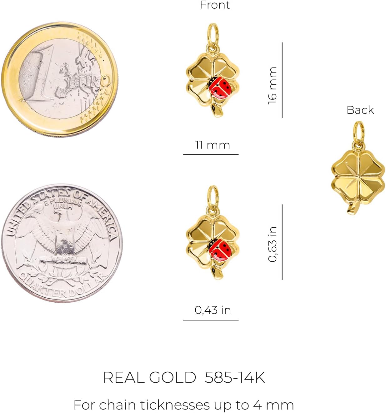 forme di Lucchetta - 14 karat Yellow Gold Four Clover Leaf Pendant with Red Ladybug Lucky Charm, Womens 14k Charms for Necklaces up to 4mm, Authentic Fine Jewelry from Italy
