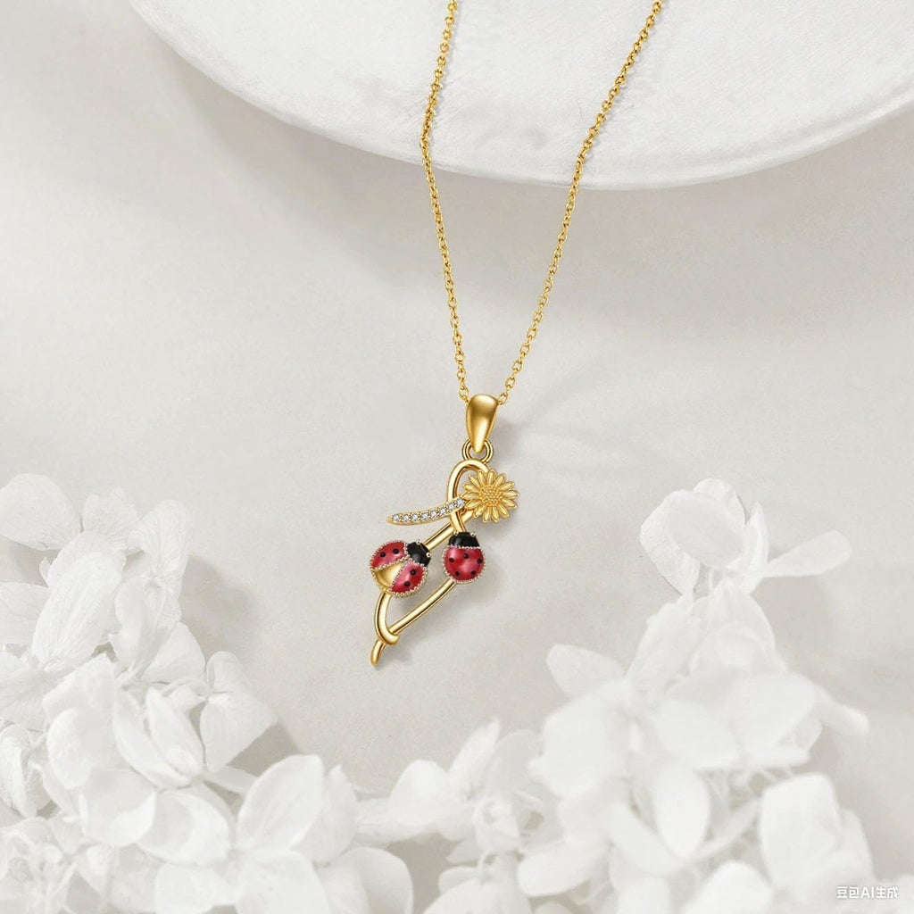 Personalized Ladybug Necklace 10k 14k 18K Solid Gold Customized Lady Bug Necklaces Bug Pendant Personalized Custom Ladybugs Daisy Jewelry Gifts for Women Female Mother