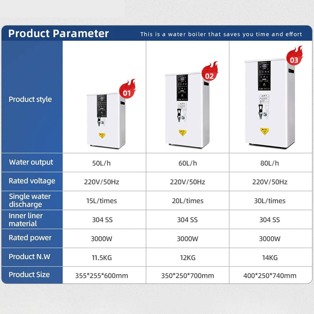 50L/60L/80L Full-Automatic Commercial Hot Water Dispenser Step-Heating Boiling Water Machine with Digital LCD Display,Wall-Mounted Design for Coffee Shops White-50L