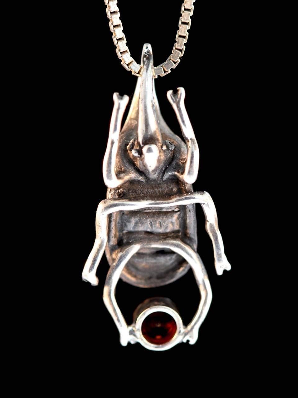 Bug Jewelry Sterling Silver Rhinoceros Beetle Pendant with Gemstone