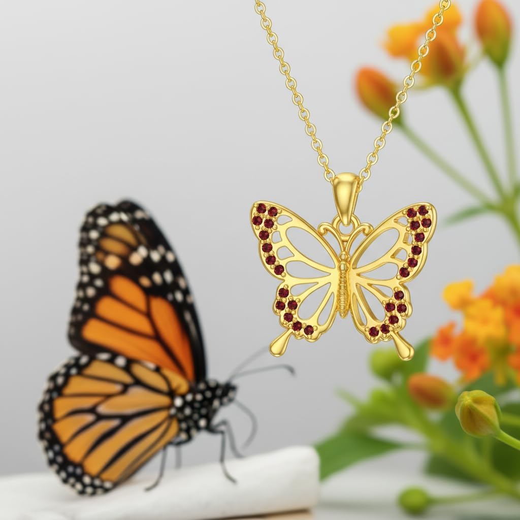 DOVRAN Real Solid Gold Birthstone Butterfly/Dragonfly/Bee/Hummingbird Necklace for Women Yellow Gold Animal Pendant for Christmas Dainty Jewelry Birthday Gifts for Mom Wife