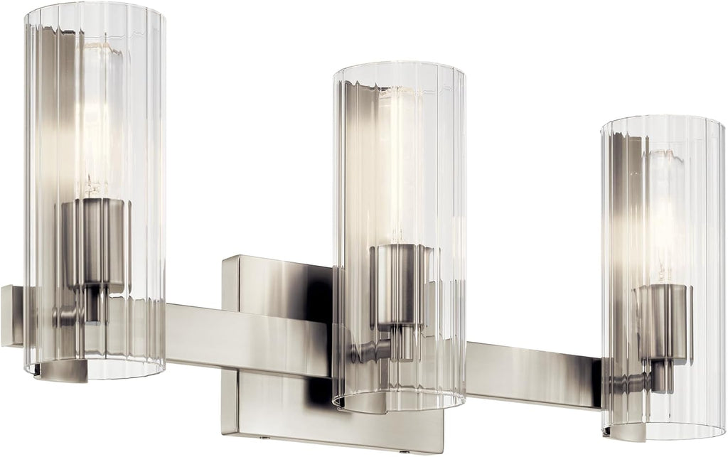 Kichler Jemsa 3-Light Bathroom Vanity Light Fixture, Modern Wall Mount with Clear Fluted Glass in Brushed Nickel for Powder Room or Mirror (9.75' x 22.75'), 55168NI