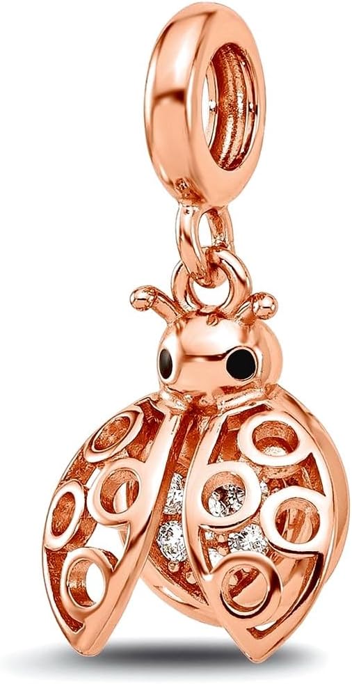 JewelryWeb 2mm 925 Sterling Silver Reflections Rose Gold Plated Cubic Zirconia Lady Bug Dangle Bead Charm Pendant Necklace for Women