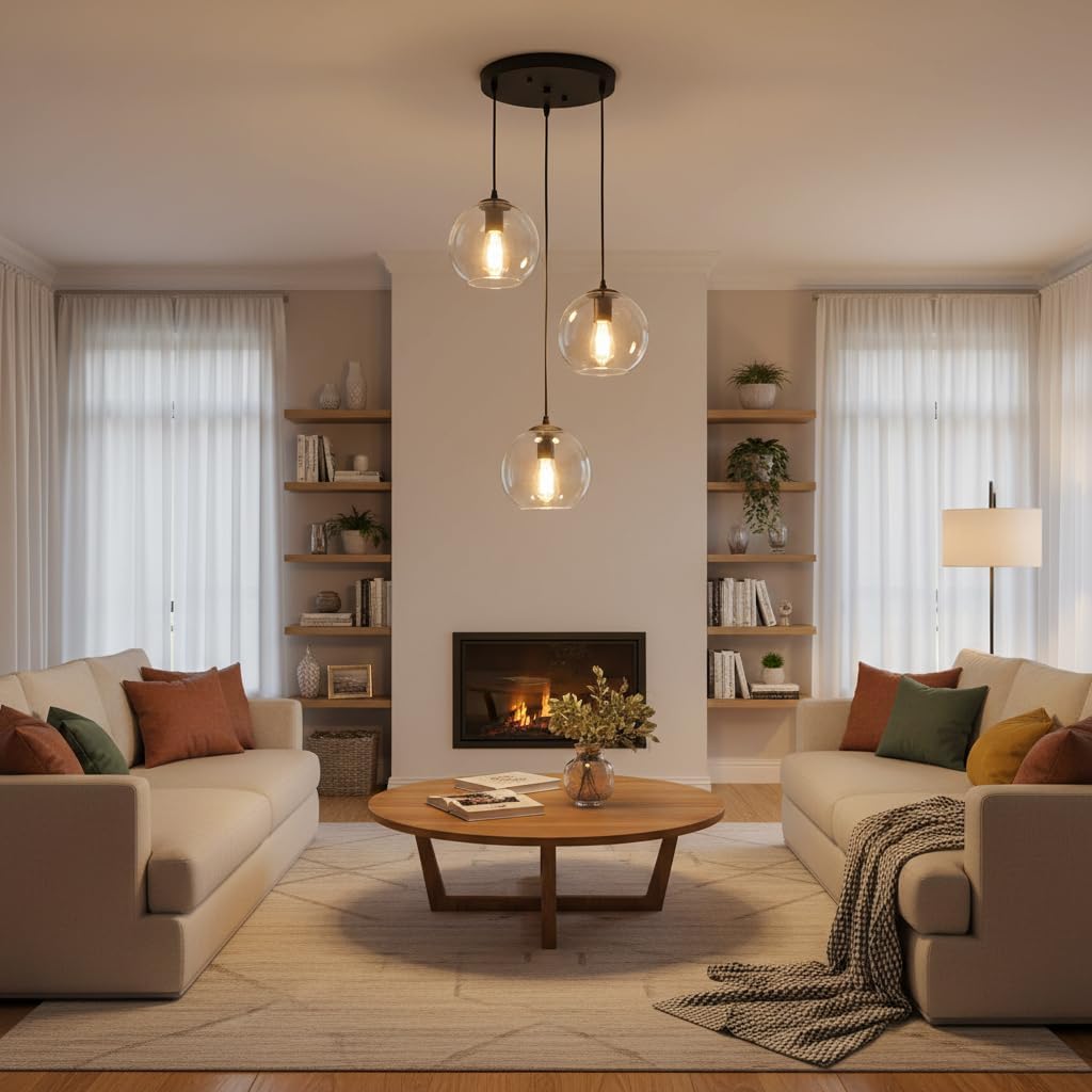Globe Pendant Light, Modern Hanging Lighting Fixture, Classic Cluster Chandelier with Clear Glass Shades(Black, 3 Lights, 11.8 Inch)