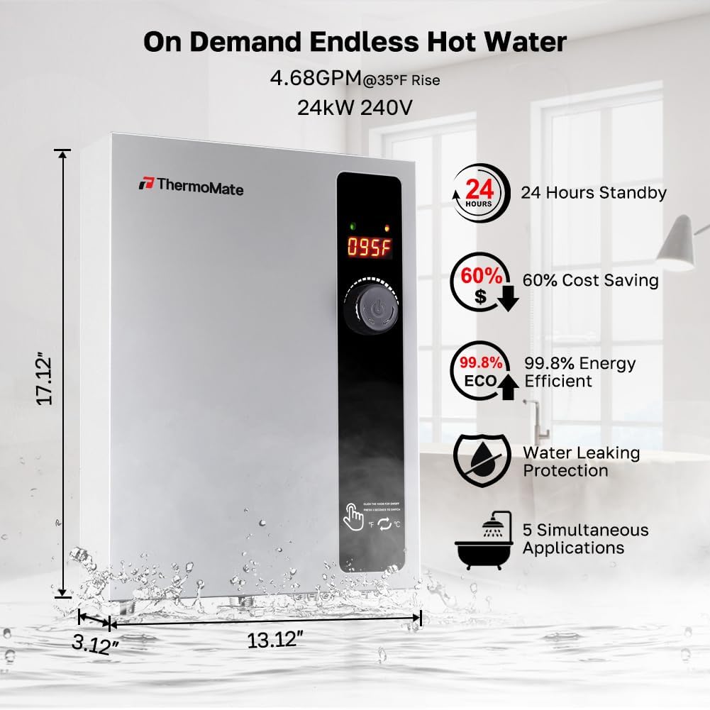 Tankless Water Heater Electric 24kW 208~240 Volt, ThermoMate On Demand Instant Endless Hot Water Heater, Digital Temperature Display for Residential Whole House Shower, 102A GRAY