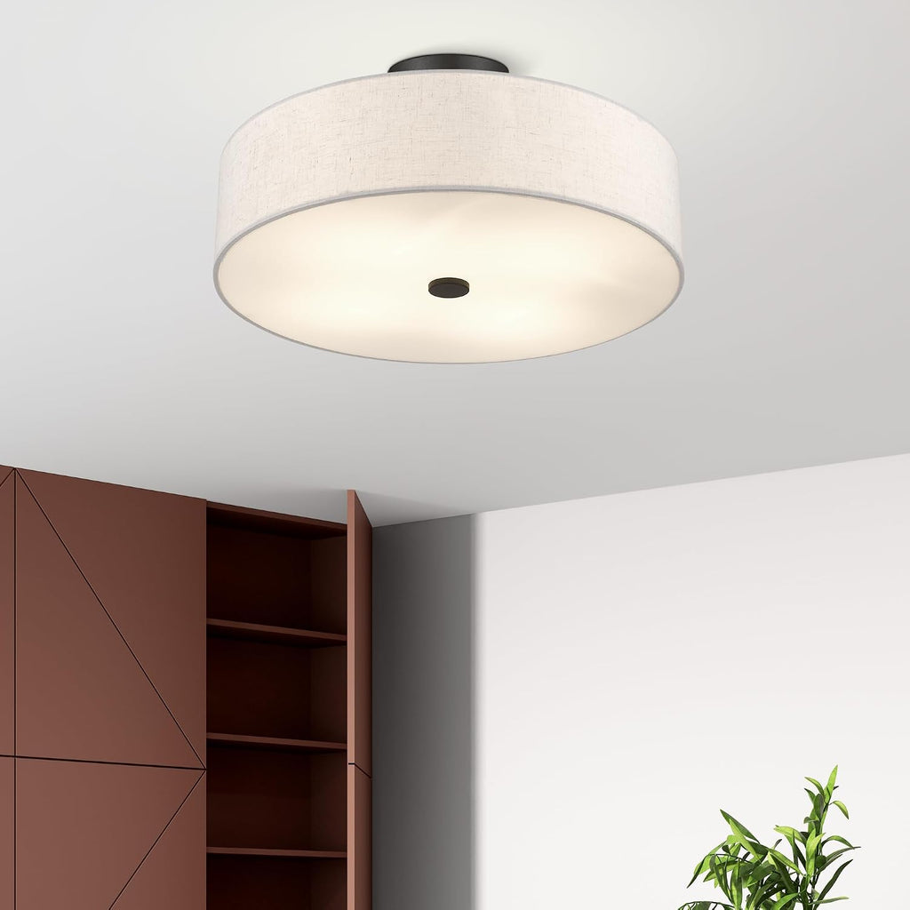 Livex Lighting 52136-92 Meridian Collection 4-Light Transitional Ceiling Mount Fixture with Oatmeal Color Fabric Hardback Shade, English Bronze
