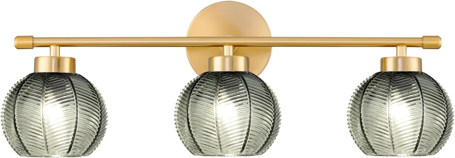 Modern 3 Lights Wall Sconce Lighting, Vintage Bathroom Light Fixtures Gold Vanity Light, Farmhouse Green Glass Wall Lamp, Porch Wall Mount Light for Mirror Living Room Bedroom