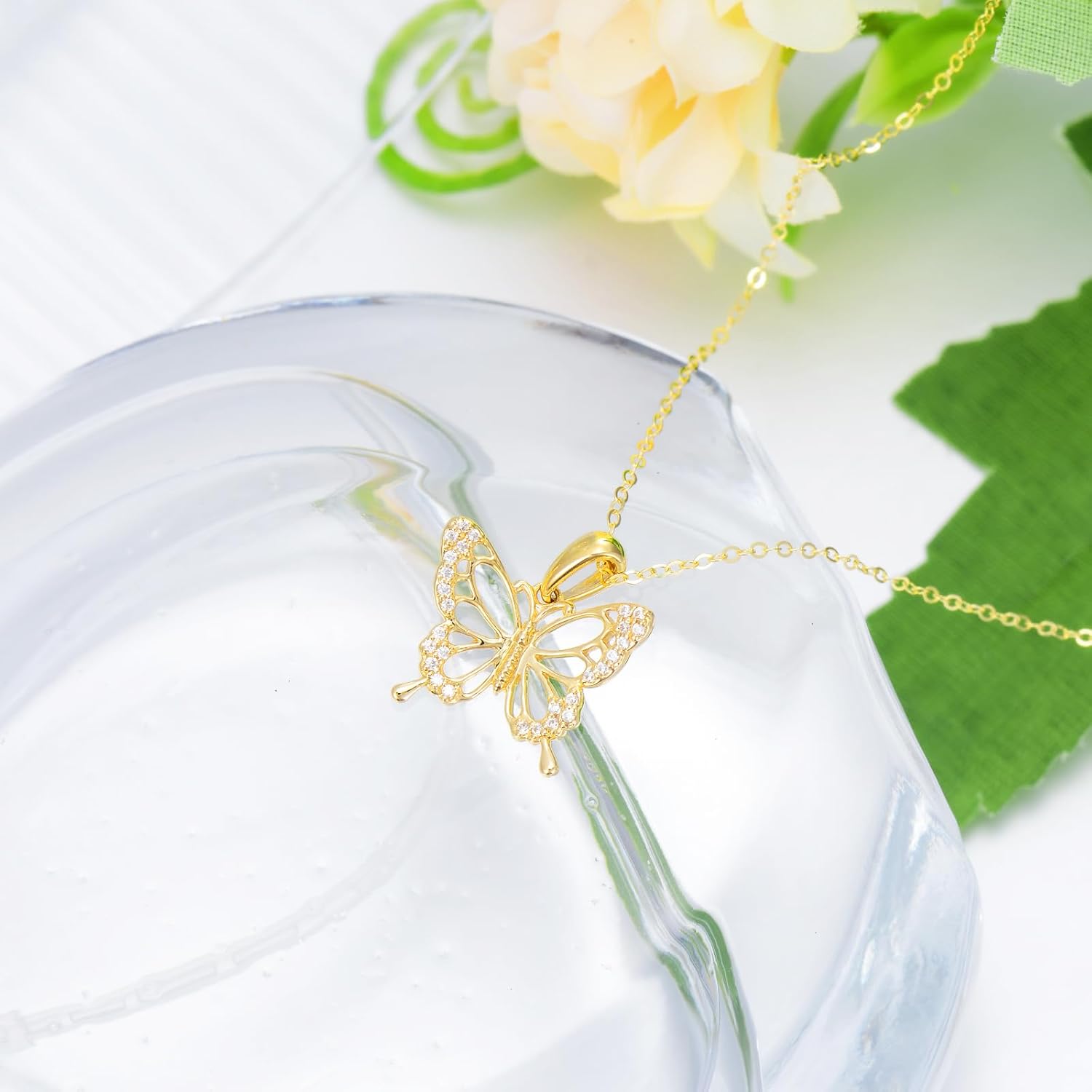 DOVRAN Real Solid Gold Birthstone Butterfly/Dragonfly/Bee/Hummingbird Necklace for Women Yellow Gold Animal Pendant for Christmas Dainty Jewelry Birthday Gifts for Mom Wife