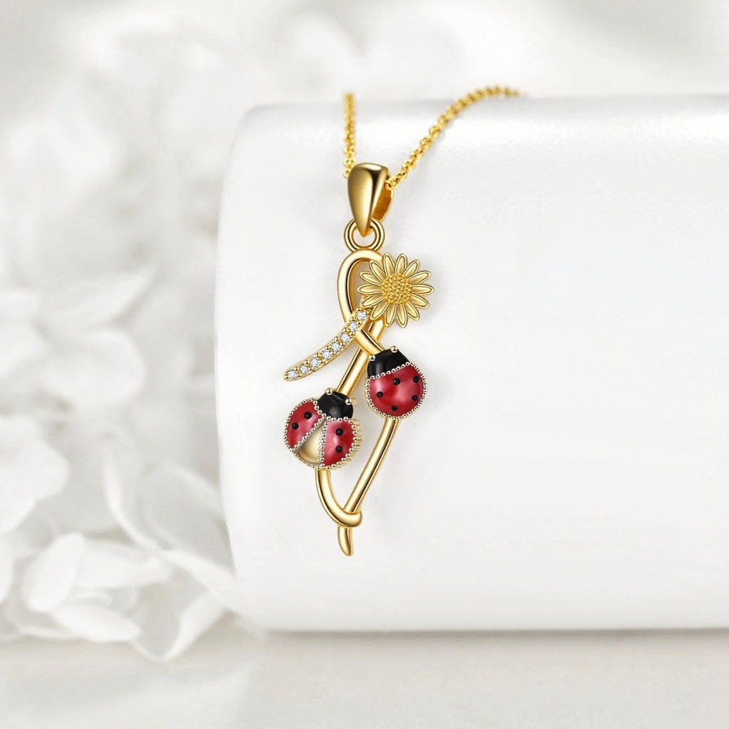 Personalized Ladybug Necklace 10k 14k 18K Solid Gold Customized Lady Bug Necklaces Bug Pendant Personalized Custom Ladybugs Daisy Jewelry Gifts for Women Female Mother