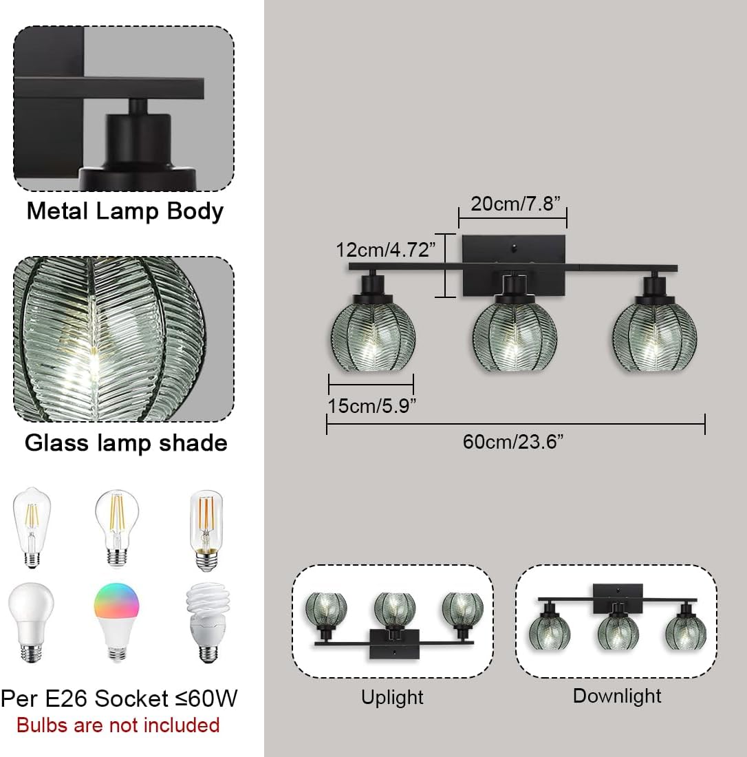 3-Light Bathroom Light Fixture Green Wall Lights with Ribbed Glass Shade Black Vanity Light Over Mirror Mid Century Wall Sconce for Bedside Bedroom Living Room
