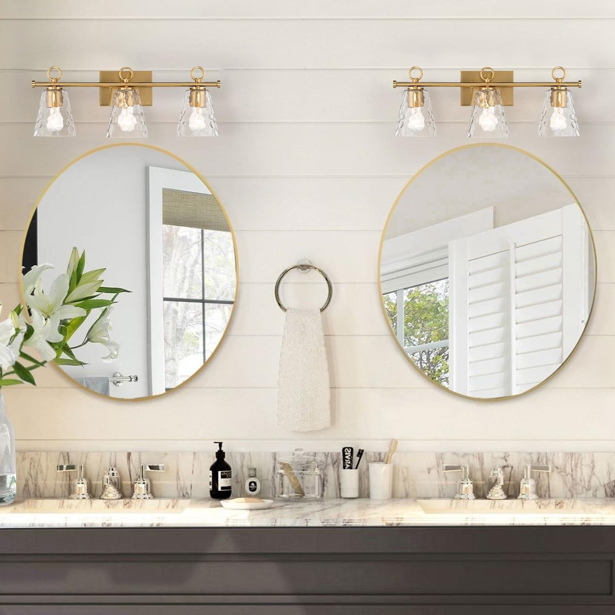Imogen - Metal and Hammered Water Glass 3-Light Vanity Light, Brushed Gold
