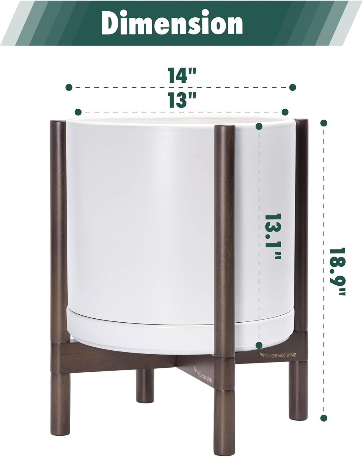 D'vine Dev Ceramic Planter with Walnut Color Stand - 14 Inch Modern Round Flower Pot with Wood Planter Holder, White, 55-B-T-1